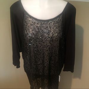 Elodie Women’s Semi Sheer Sequin Accent Blk Top